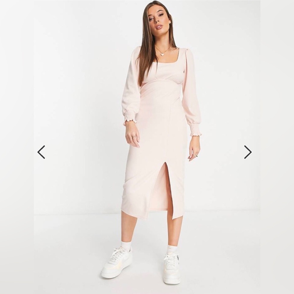 Miss Selfridge textured square neck midi dress in pink